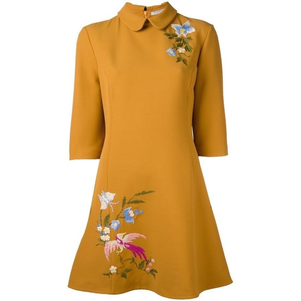 Ona Womenswear‎ Mustard Yellow Embroidered A-Line Swing Dress Wool Blend XXL